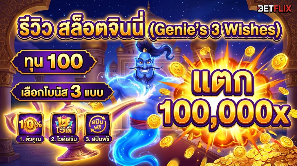 รีวิว สล็อตจินนี่ ทุน 100 เลือกโบนัส 3 แบบ แตก 100,000x